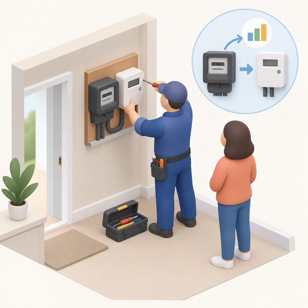 An installer fitting a smart electricity meter in place of an old meter on the inside wall of a home, with the simplified householder watching, showing that the new meter can support a change of tariff without needing to be replaced again.