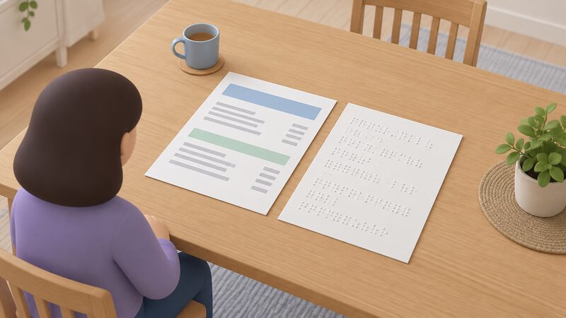 A large-print energy bill and a Braille bill lying side by side on a household table, each shown as a physical document with content suggested only by blank lines, plain colour bands and raised dot patterns, with no readable words or numbers.
