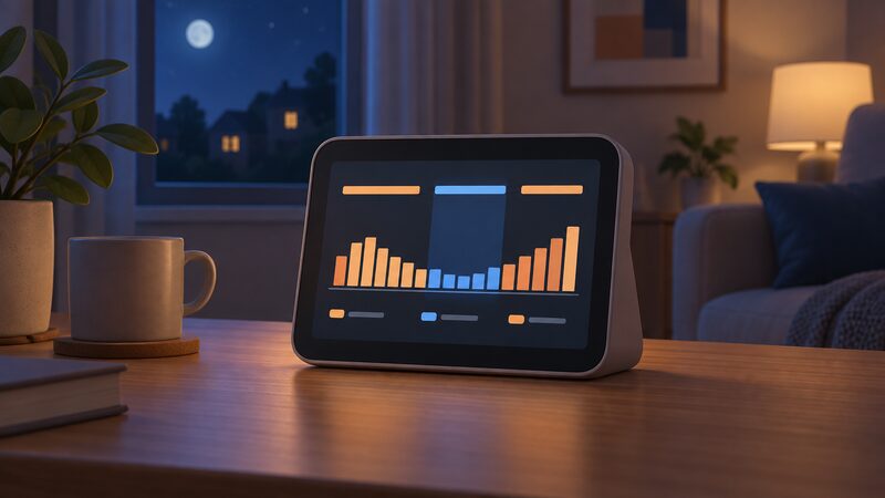 A smart meter in-home display standing on a table in a dimly lit room at night, its screen showing a simple bar chart of electricity use with a highlighted band for the off-peak period, content shown only as plain colour blocks and blank lines with no readable figures.