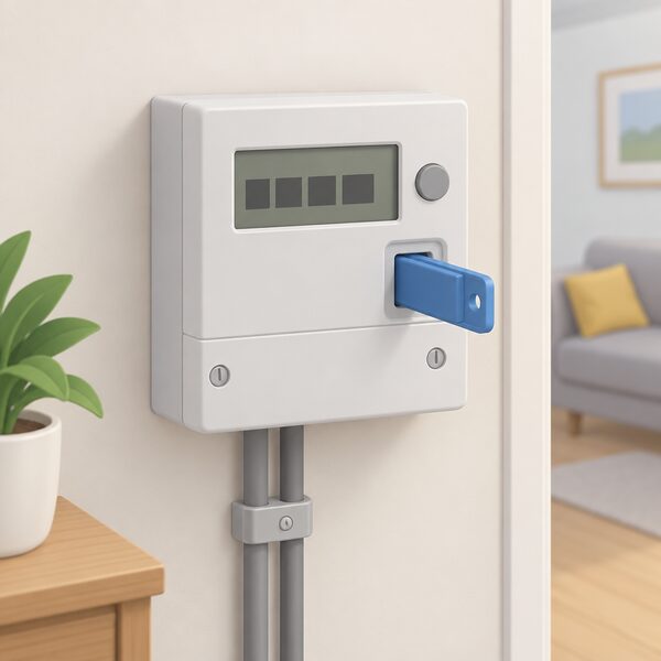A domestic electricity prepayment meter mounted on an interior wall of a home, with a small plastic key inserted into its slot, drawn as a simple everyday scene with no readable display text.