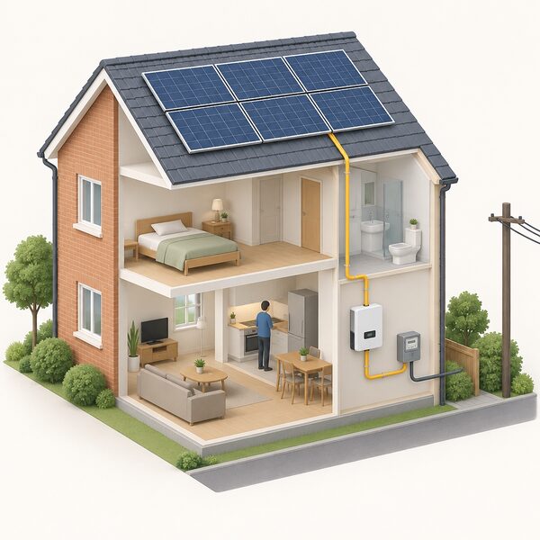 A cutaway view of a house with solar panels on the roof, a cable running down inside the wall to an inverter mounted on an indoor wall, and a cable continuing from the inverter to the electricity meter and outgoing supply.