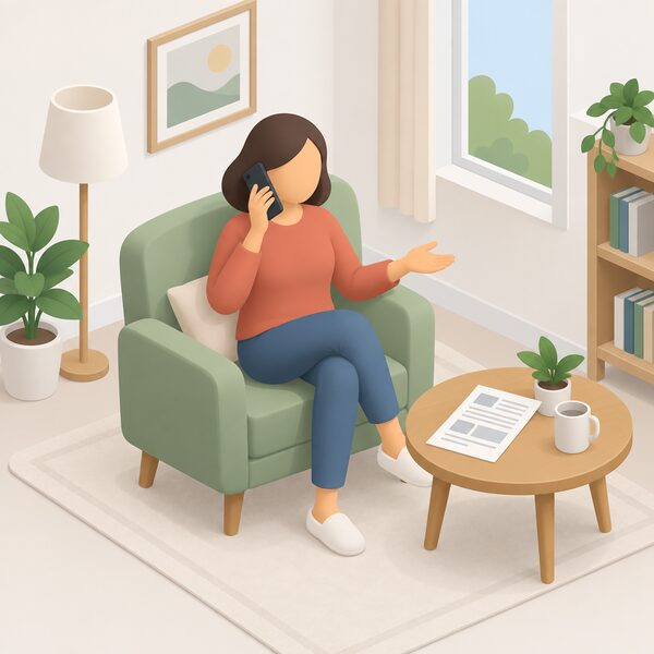 A customer at home seated in a chair holding a phone to their ear, with an energy bill or statement lying on a nearby table as they call their supplier's support line about a problem.