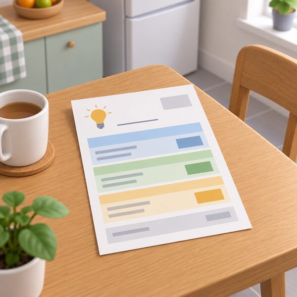 A household electricity bill lying on a kitchen table, drawn as a physical paper document with the customer's name shown as a blank line, plain colour bands for charges and no readable words or numbers.