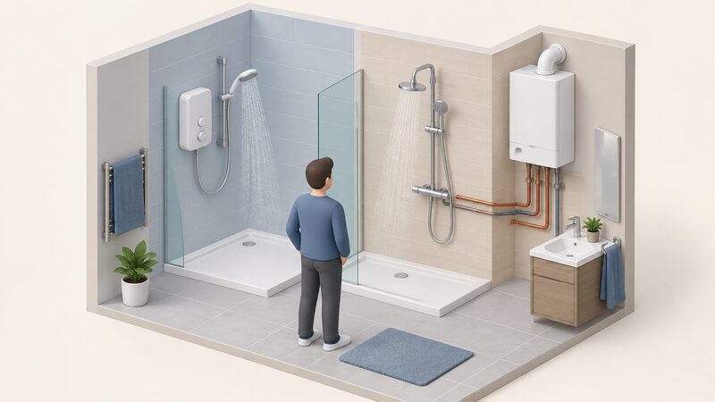 A simplified isometric bathroom scene showing a wall-mounted electric shower unit on one wall and, side by side with it, a mixer shower fed from a gas boiler, so the two setups can be compared directly.