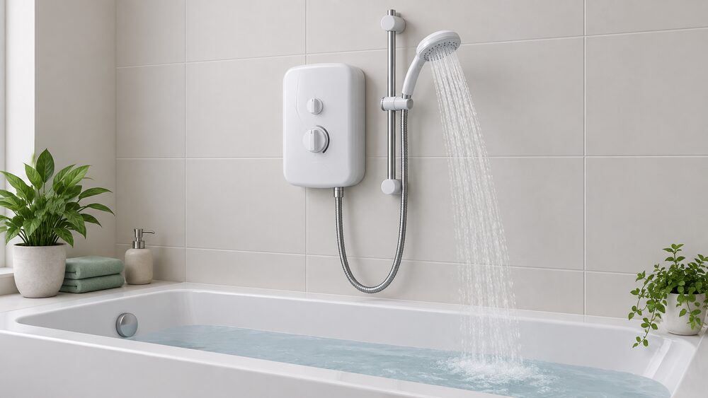 A close-up of a white electric shower unit mounted on a bathroom wall, with its riser rail and hose beside it, water running from the shower head into a bath below.