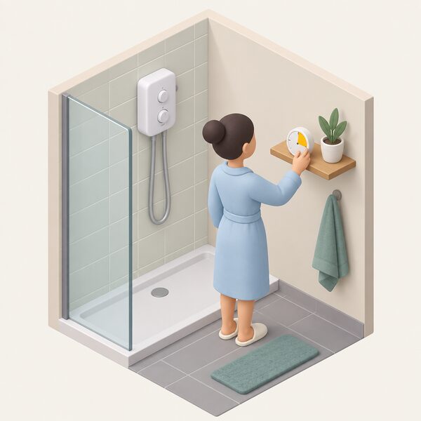 A small isometric bathroom scene showing an electric shower unit on the wall with a person setting a simple kitchen-style timer on a nearby shelf, the timer face marked only with a plain colour band to suggest four minutes.