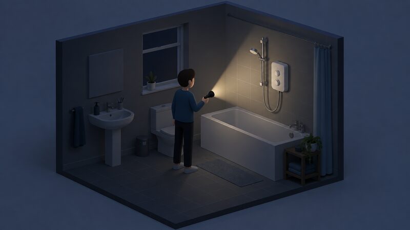 A dark bathroom during a power cut where a person holds a torch lighting the room, standing near an electric shower unit on the wall above the bath with its riser rail and hose, everything switched off and unlit.