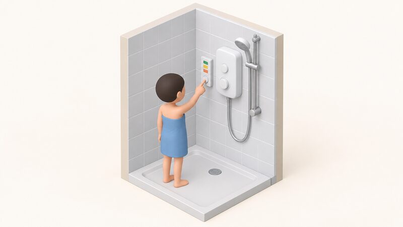A small isometric figure reaches to press a simple shower timer mounted on the tiled wall beside an electric shower unit, with the shower head and riser rail visible on the same wall.