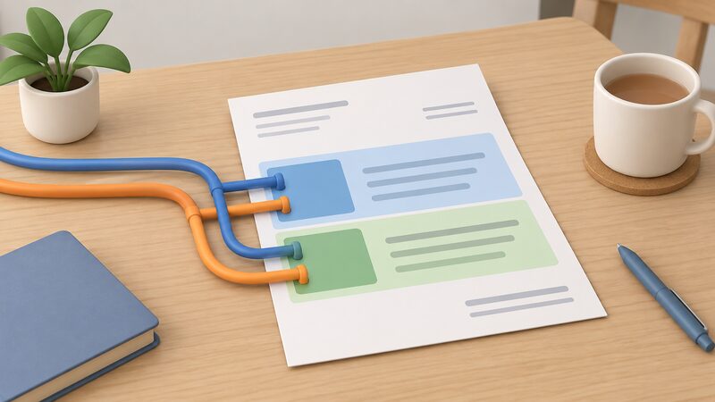 A printed household energy bill lying on a table, drawn as a physical sheet split into two plain colour bands, one for a fixed daily standing charge and one for a per-kWh unit rate, with two simplified pipes or cables labelled only by plain colour arriving from off-sheet and feeding into both bands.