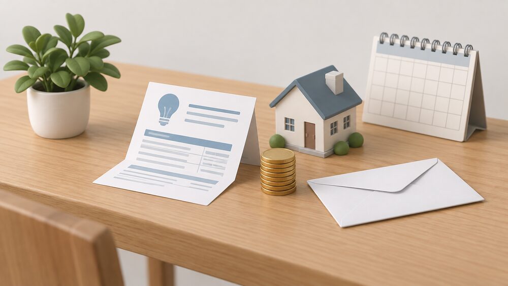 A small kitchen table arrangement showing a folded energy bill beside a stack of coins, a small model house, a blank envelope and a wall calendar, representing a household checking its regional capped rates.