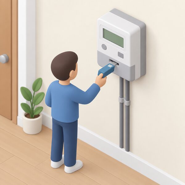 A domestic prepayment electricity meter mounted on a wall, with its removable key held in the hand of a small isometric figure about to insert it into the meter slot.