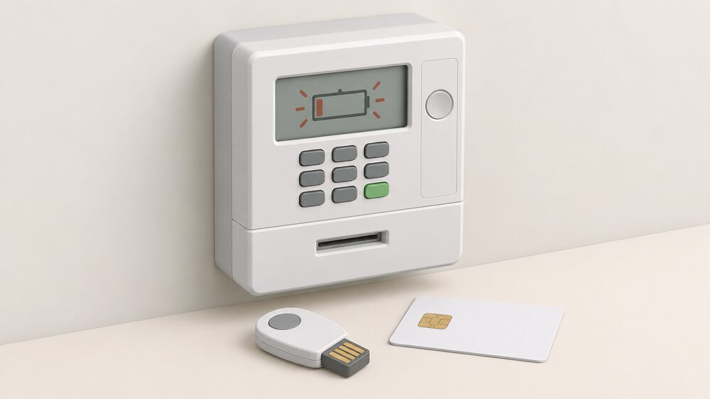A close-up of a wall-mounted prepayment electricity meter with its keypad and blank screen showing a low-credit alert, with a blank top-up key and smartcard resting beside it on the surface below.
