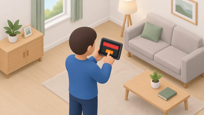 A small isometric figure stands in a home holding a smart meter in-home display whose screen shows a plain low-credit alert band and a clearly marked emergency credit button being pressed by the figure's finger.
