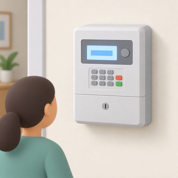 A wall-mounted prepayment electricity meter with its display screen lit, showing the emergency credit amount as a plain blank figure block so the household can read their own allowance from the meter itself.