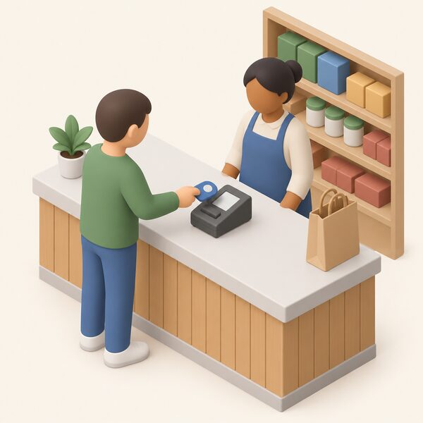A simplified isometric figure at a shop counter holds a prepayment key against a small top-up terminal while the shopkeeper stands behind the counter, showing the moment a top-up is made that will also repay emergency credit.