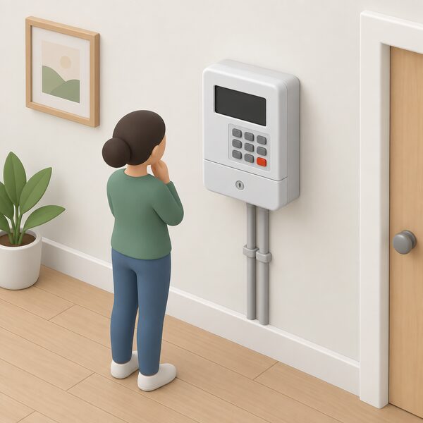 A domestic electricity prepayment meter mounted on an interior wall, its display screen blank and dark, with a simplified isometric figure standing beside it looking at the dead screen after the credit has run out.