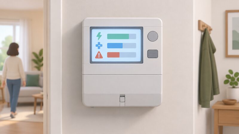 A close-up of a wall-mounted prepayment electricity meter with its screen lit, showing plain blocks and blank lines representing the remaining credit balance, an emergency credit option and any debt owed, with no readable figures.