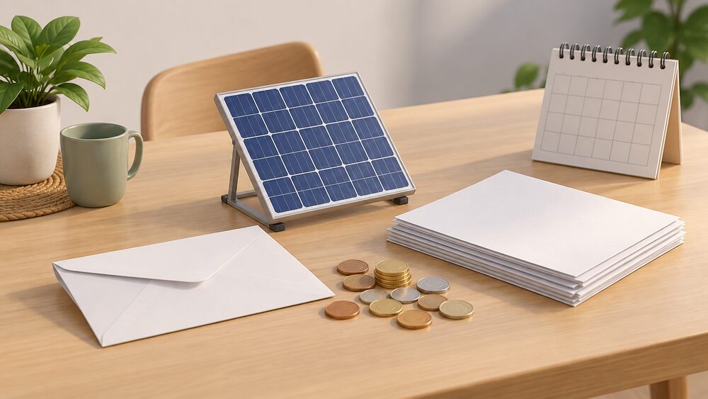 A small model of a rooftop solar panel stands on a kitchen table beside a stack of blank bills, a paper envelope, a scatter of coins and a wall calendar, showing the fixed daily cost that remains even when a home generates its own electricity.