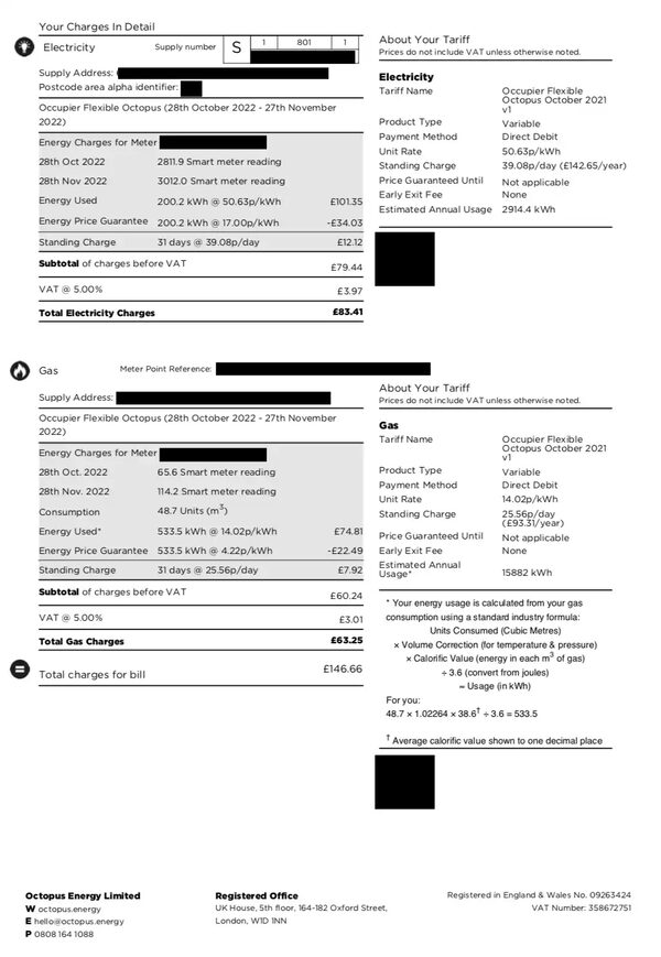 A redacted Octopus Energy electricity and gas bill showing charges, tariff details and meter readings