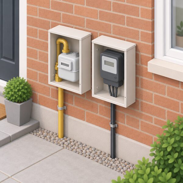 A simplified isometric view of a home's outside wall with a gas meter and an electricity meter mounted side by side, each in its meter box with pipes and cable entering the wall, representing the fixed metering costs behind the standing charge.