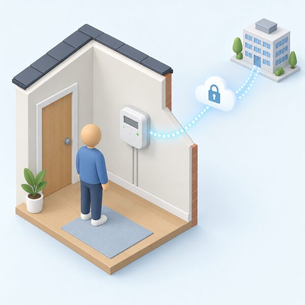 A small isometric figure stands beside a smart electricity meter mounted on a plain interior wall of a home, with a simplified signal path shown travelling from the meter outwards to represent readings being sent automatically to the energy supplier over a secure network.