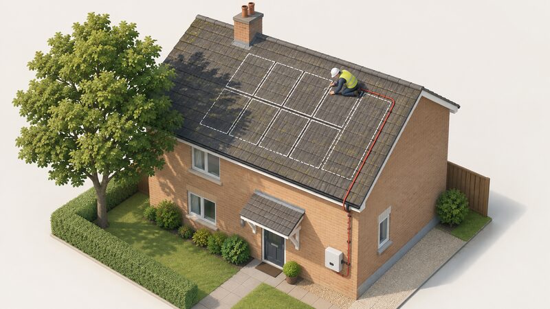 An installer on the roof of a house during a survey, marking proposed panel positions with chalk outlines, noting shading from a nearby tree, and indicating a cable route running down from the roof to an inverter mounted on an outside wall.