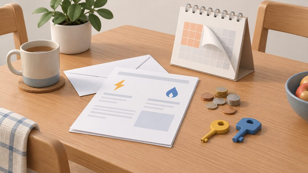 A kitchen table with a blank energy bill and envelope, a small pile of coins, a wall calendar showing a quarter turning, and a gas and electricity meter key resting beside the paperwork, suggesting a household checking its capped tariff charges.