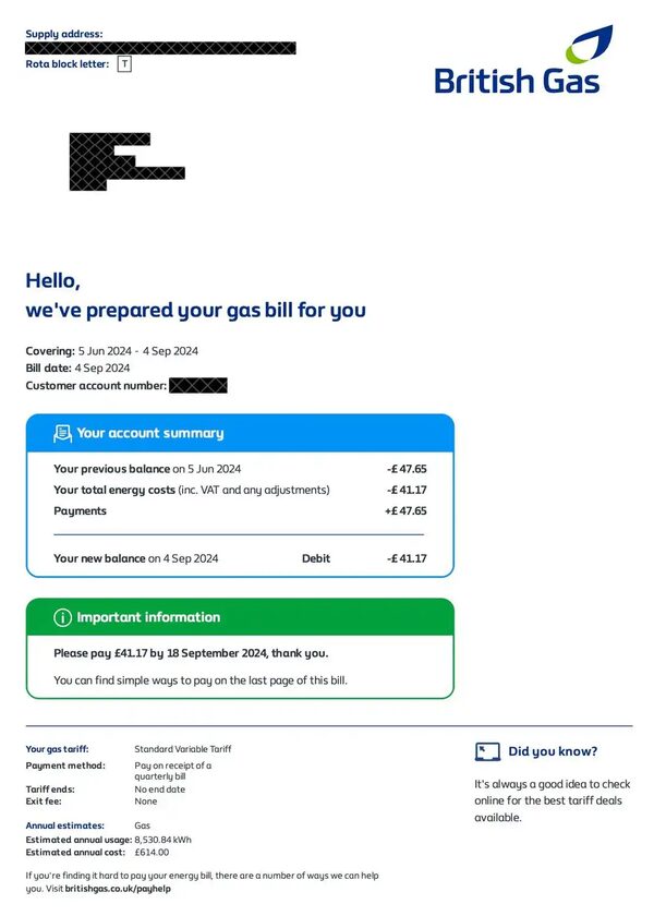 A sample British Gas energy bill showing account summary, balance and tariff details