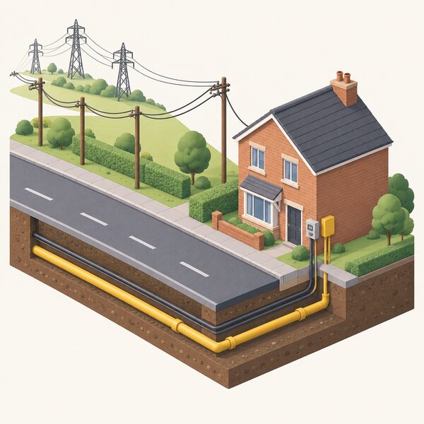 A simplified isometric street scene showing overhead power lines, an underground gas pipe and a telephone-style cable running from distant pylons and a gas main along the road to a single UK house, converging at its meter box by the front door.