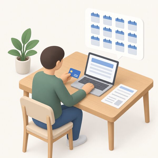 A simplified isometric figure stands at a kitchen table paying a monthly Direct Debit, shown as a bank card beside a printed payment slip and a laptop screen displaying a plain payment summary, with the annual cost spread evenly across twelve plain calendar blocks.