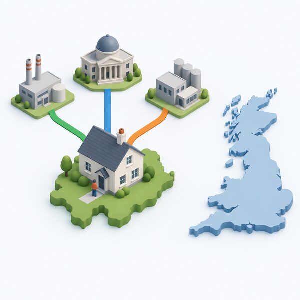 A small Northern Ireland house shown apart from a simplified map of Great Britain, with the house connected by plain colour bands to a separate regulator building and supplier buildings on its own side, emphasising the distinct market.