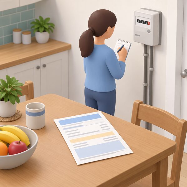A household electricity bill lying on a kitchen table beside a meter reading taken from the wall-mounted electricity meter, showing the licensed supplier's billing for a home on a capped standard variable tariff.