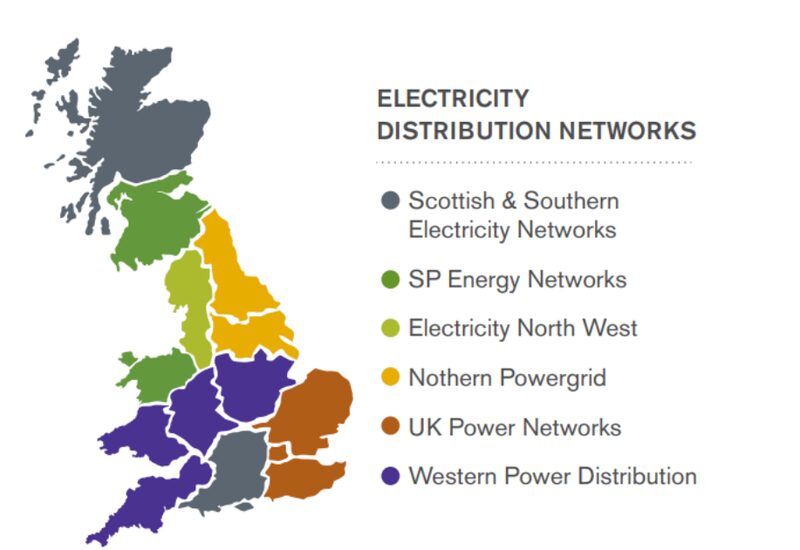 A colour-coded map of Great Britain showing UK electricity distribution network regions with a legend naming each DNO