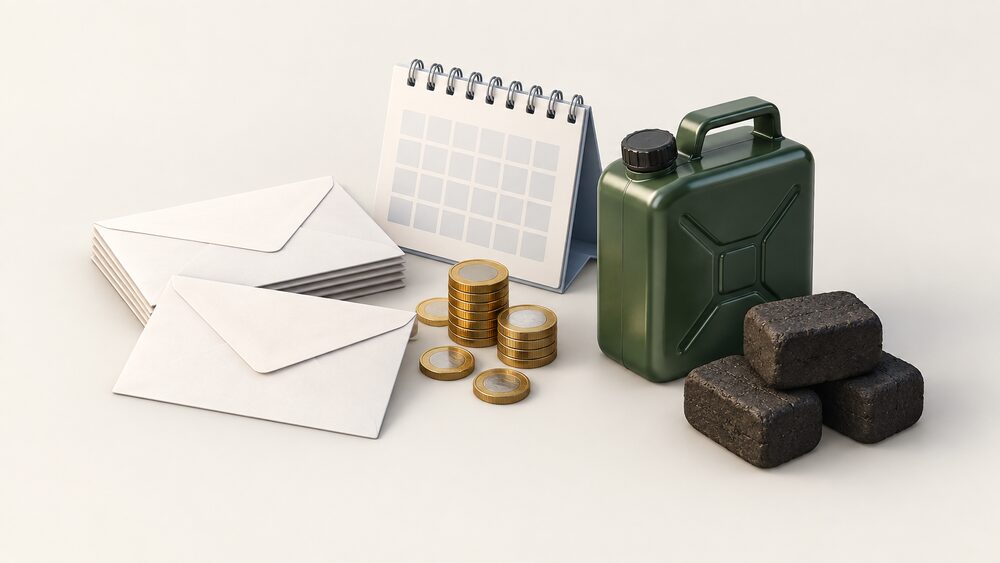 A small tabletop arrangement of blank envelopes, a stack of coins, a calendar page and a small metal oil can beside a few solid fuel briquettes, representing the mixed ways Northern Ireland households pay for and receive their energy.