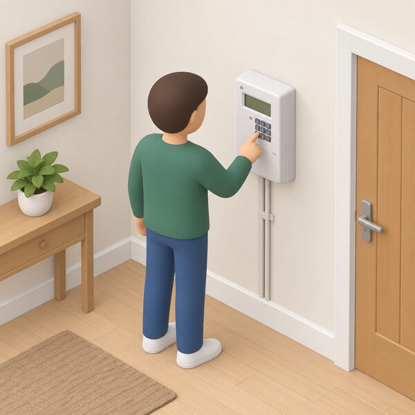 A keypad prepayment electricity meter mounted on an inside wall of a home, with a simplified isometric figure standing before it topping up by entering a code on the keypad, showing the pay as you go payment route installed free inside the home.