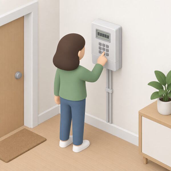 A simplified isometric figure stands at a wall-mounted keypad electricity meter inside a home, pressing its buttons to key in a numeric top-up code, with the meter's small display showing only plain blocks.