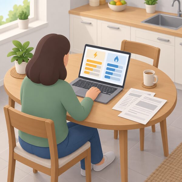 A householder seated at a kitchen table using a laptop showing a price comparison screen with plain bars for electricity and gas tariffs, with paper energy bills lying beside the laptop on the table.