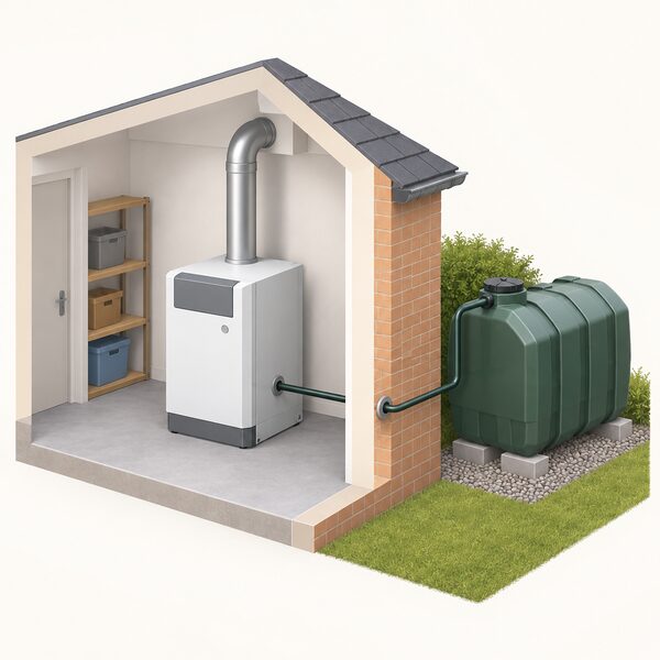 A domestic oil-fired boiler installed indoors in a utility space, with its oil supply pipe running from the boiler to an outside oil storage tank, showing the heating fuel used by homes not connected to the mains gas network.