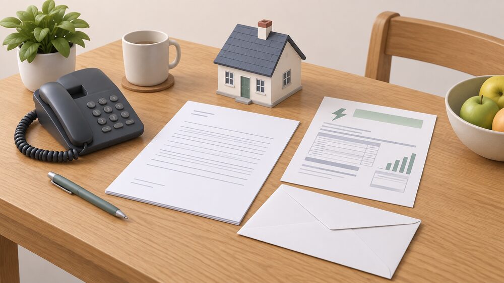 A kitchen table with a blank complaint form and a blank envelope beside a domestic electricity bill and a small model of a house, with a telephone resting nearby, representing a household preparing to escalate an unresolved energy supplier dispute.