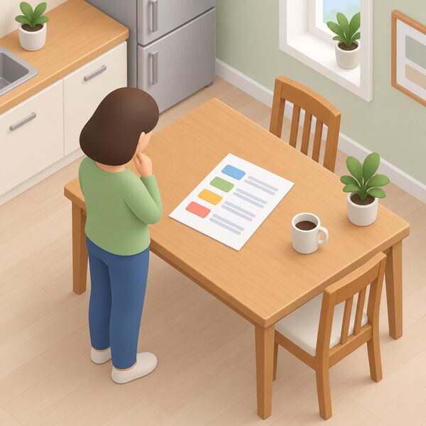 A printed complaints process document lying on a kitchen table, its stages shown as plain colour bands and blank lines, with a simplified householder figure standing beside it reading it, in a plain domestic setting with no supplier or network branding anywhere.