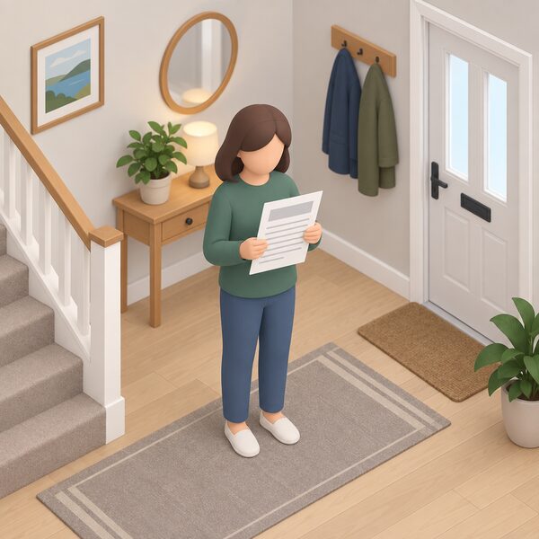 A simplified isometric householder stands in a home hallway holding a supplier's deadlock letter as a physical sheet with blank lines only, ready to take the complaint further.