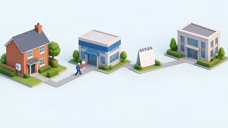 A simplified isometric scene of a Northern Ireland house with a path running from it to a supplier building and then onward to a Consumer Council office building, with a small figure carrying a complaint folder along the path and a plain calendar sheet marking the eight-week point between the two buildings.