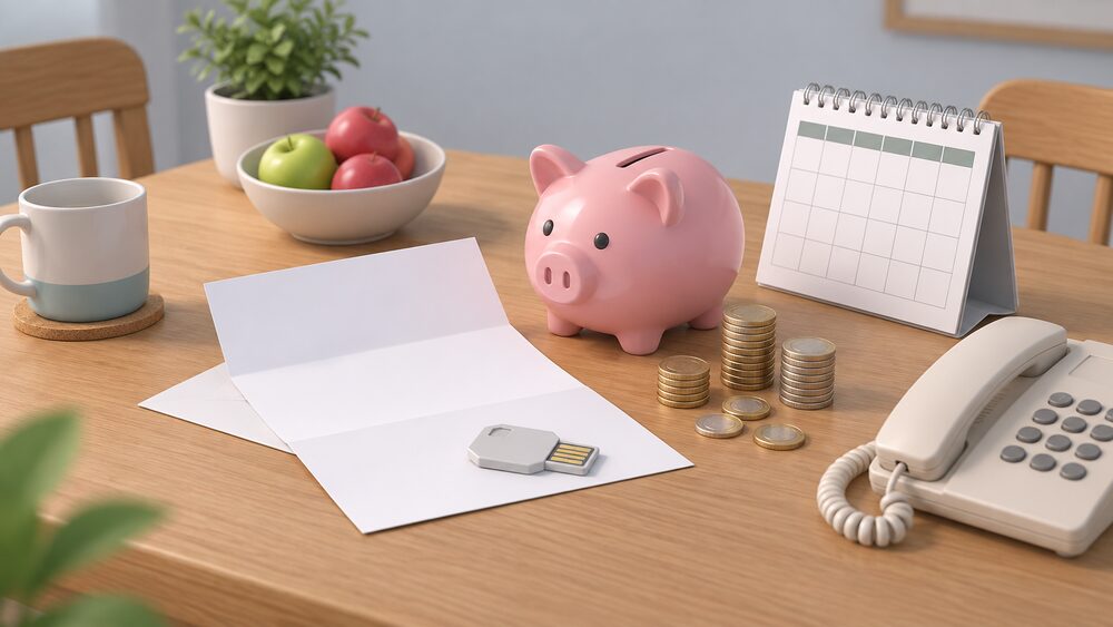 A kitchen table scene showing the moment of agreeing a repayment plan: a blank letter from the supplier lying open beside a stack of coins, a piggy bank, a wall calendar and a telephone, with a prepayment meter key resting on the paperwork.