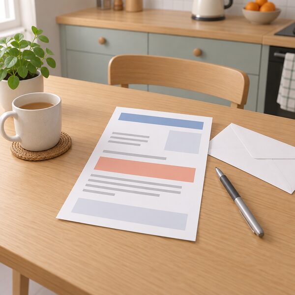 A domestic energy bill lying on a kitchen table as a physical paper document, with the amount owed shown only as a plain colour band and blank lines, beside a pen and an envelope.