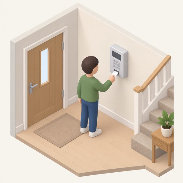 A small isometric figure stands in a home hallway holding a top-up device to a wall-mounted prepayment electricity meter, with a plain blank display and keypad, showing the payment method suppliers offer when no repayment plan can be agreed.