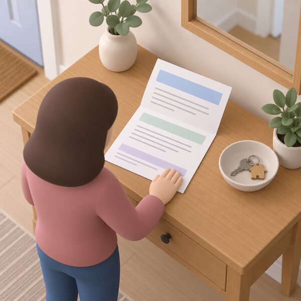 A supplier's letter lying open on a domestic hallway table beside a house key bowl, its pages showing plain colour bands and blank lines where the Vulnerability Commitment confirmation and notices would appear, with a simplified figure's hand resting on the page.