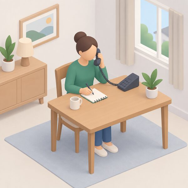 A simplified isometric figure sits at a home table holding a telephone to their ear, making the first escalation step of raising a complaint directly with their energy supplier, with a notepad beside them for keeping a record of what is agreed.