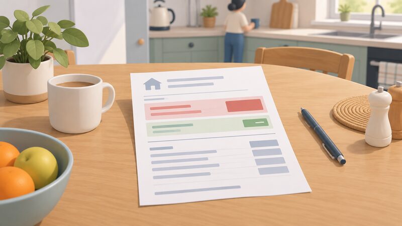 A paper household energy bill lying on a kitchen table, showing a debt balance block and a separate DRS Adjustment reduction line beneath it, with ongoing usage charges listed separately.