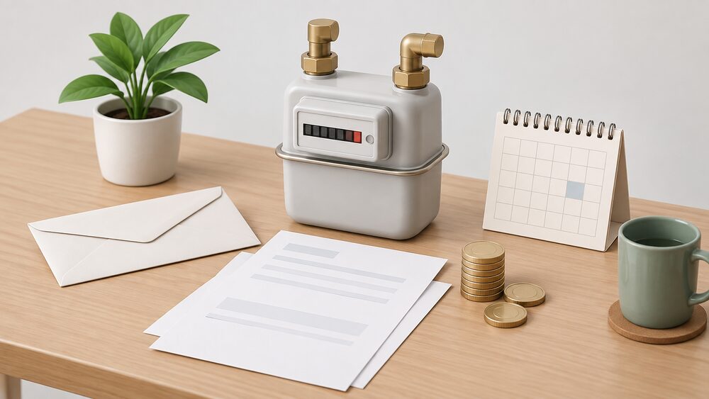 A small kitchen-table arrangement showing a household's energy arrears being cleared: a blank bill and blank account paperwork lie flat, with a plain envelope, a short stack of coins and a simple wall calendar beside them, and a small model of a domestic gas meter standing at the centre.