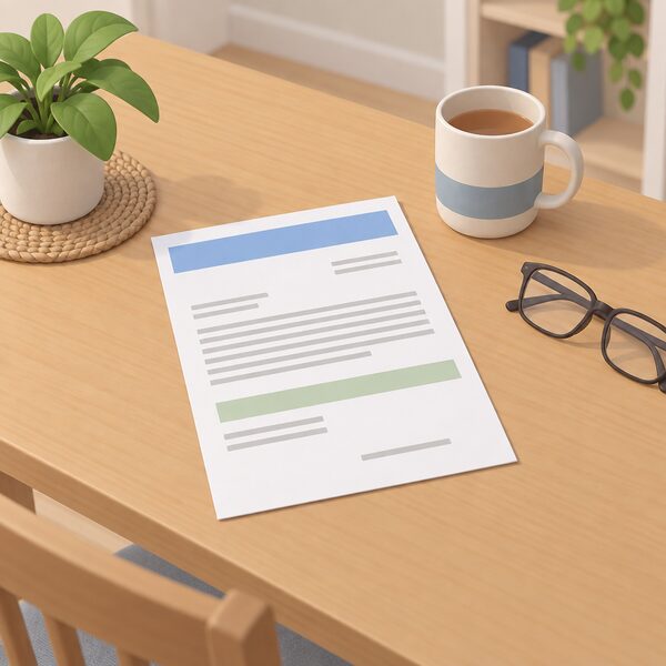 A plain envelope and a benefit award letter lying flat on a household table, the letter shown as a physical document with blank lines and plain colour bands carrying no readable words, beside it a mug and a pair of reading glasses to suggest a domestic setting.
